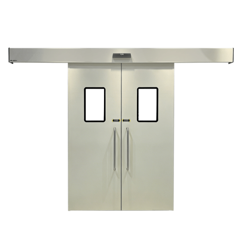 OSIDEK stainless steel double-leaf sliding hermetic door with observation windows and pull handles, designed for reliable cleanroom sealing.